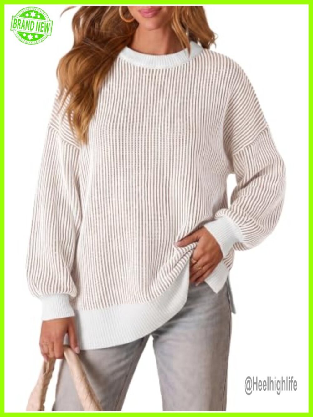 Oversized Striped Knit Sweater Batwing Sleeve Crew Neck Pullover